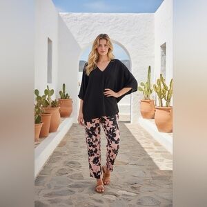 Floral Black and Tan cropped pants and top NWT